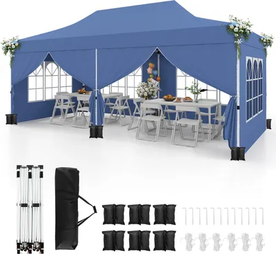 Produktbild von COSTWAY Pavillon 3x6m, Faltpavillon mit 6 abnehmbaren Seitenwänden, Sandsäcke & Tragetasche, Gartenpavillon Partyzelt Winterfest UV-Schutz 50+ Blau