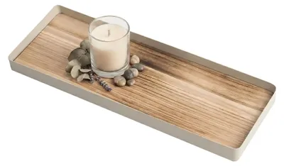 Produktbild von Kerzentablett mit Metall Rahmen und Holz Boden - 45 cm x 18 cm - Deko Tablett beige natur rechteckig mit Rand