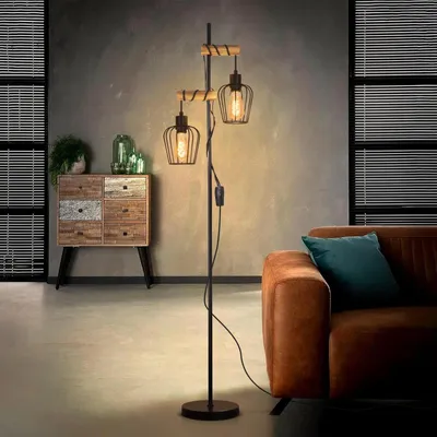 Zdjęcie produktu dla Vintage lampa podłogowa z 2 punktami świetlnymi – Design przemysłowy z drewna i metalu
