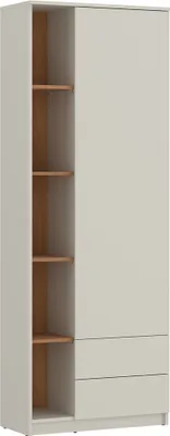 A tall, narrow wardrobe with open shelves on the left and drawers on the right, shown against a white background.