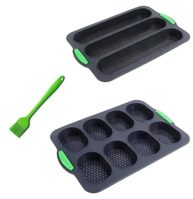 Produktbild von 2 Stück Silikon Baguette Backform mit Backpinsel | Antihaft, BPA-frei, Wiederverwendbar