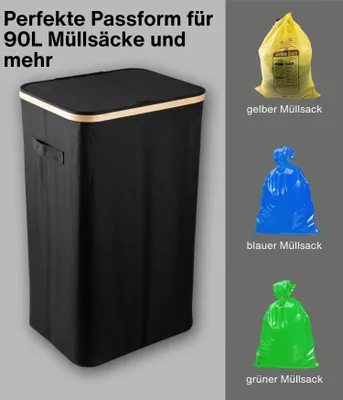Schwarzer Stoff-Wäschekorb mit hellem Holzrand und Deckel, gezeigt neben gelben, blauen und grünen Müllbeuteln