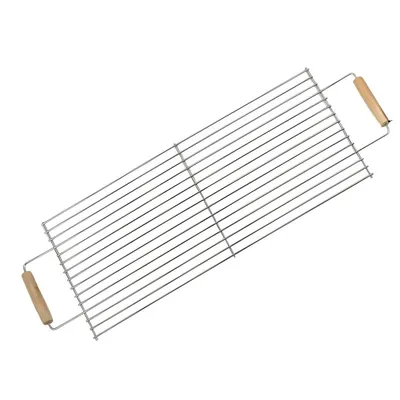 Produktbild von Rechteckiger Grillrost 65 x 30 cm aus hochwertigem Edelstahl mit Griffen für Gasgrill, Kugelgrill usw,mit 2 Holzgriffen Stahl