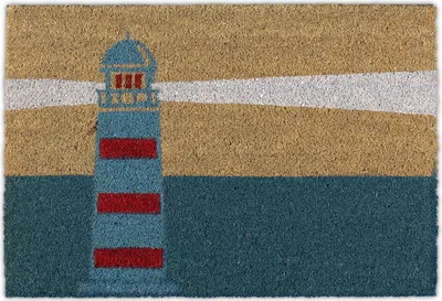 Produktbild von Relaxdays Fußmatte Kokos, 40x60 cm, Kokosmatte Leuchtturm Motiv, rutschfester Schuhabtreter, innen & außen, mehrfarbig
