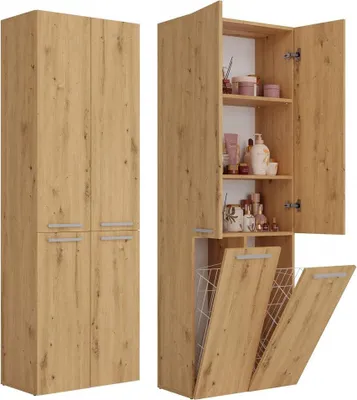 Produktbild von Badezimmerschrank NEL DD 2K mit langer Tür, 3 Einlegeböden und 2 Körben | Handwerkliche Eiche | 174x60x30 cm