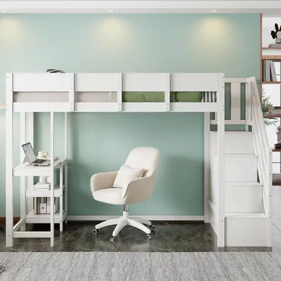 Produktbild von okwish Etagenbett 90x200 mit Stauraumtreppe,Hochbett mit Ablage und Schutzgeländern,Kinderbett mit Lattenrost,ohne Matratze,Weiß