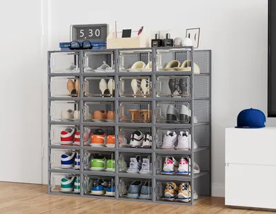 Produktbild von 12 Schuhboxen zum Stapeln mit Deckel, Schuhorganizer zur Aufbewahrung von Schuhen bis Größe 45, Grau