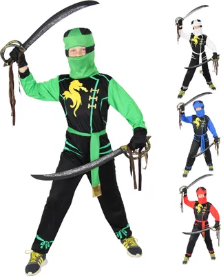 Produktbild von Drachen Ninja Kostüm für Jungen schwarzes Ninjakostüm Kinderkostüm, Größe:122/128, Farbe:Weiß