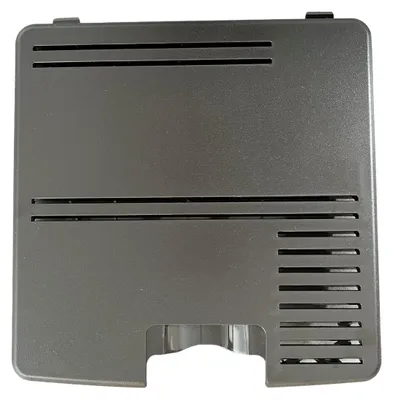 A dark gray plastic cover with ventilation slots.