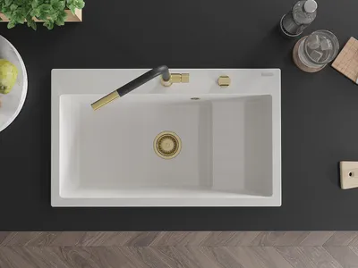 Obrázok produktu pre Granitový drez Mexen Omar s 1 misou 800 x 480 mm, biely, zlatý sifón - 6520801005-20-G