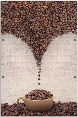 Produktbild von Wallario Outdoor-Poster für Garten oder Balkon, Motiv Tasse mit Kaffeebohnen - Kaffeedesign, in ca. 100 x 150 cm