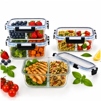 Produktbild von ASATO Glas-Frischhaltedosen 4er Set 1020 ml mit 2 Fächern, luftdicht