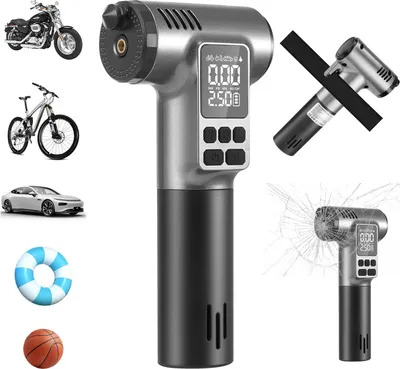 Image de Pompe à air électrique - Mini-compresseur portable - 5 modes - 150 PSI - Éclairage LED - Marteau de secours - Alimenté par batterie - Noir