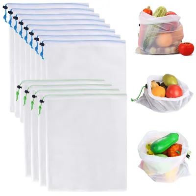 Produktbild von Obst- und Gemüse-Netztaschen - Wiederverwendbare Einkaufstaschen mit Kordelzug - 8 Stück - 42 x 30 cm