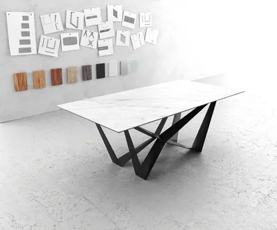 Produktbild von DELIFE Esstisch Edge 200x100cm Keramik Laminam®Statuarietto Weiß Mittelfuß Flachstahl Schwarz