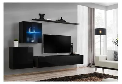 Image de Ensemble meuble TV mural  - Switch XV - 250 cm  x 150 cm  x 40 cm - Noir