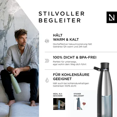 Obrázek produktu pro LARS NYSØM Láhev na pití z nerezové oceli | Izolovaná láhev bez BPA | Láhev na vodu, která se nerozlévá, pro sport, kolo, psa, dítě, děti 1000ml Onyx Black