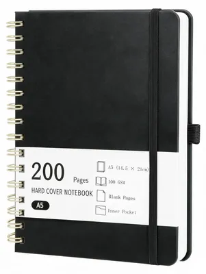 Immagine prodotto di Quaderno a spirale, formato A5, 200 pagine, copertina rigida in ecopelle, senza righe, colore nero