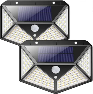 Two black solar-powered outdoor LED lights with motion sensors are shown against a white background.
