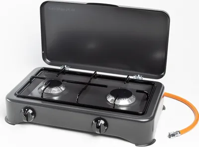 Produktbild von 2 flammiger Propan Haushaltskocher/Gaskocher + Gusstopfträger und Guss-Brennerdeckel grau / graphite /für Innenraum Gasherd Kocher- ohne Gaskartusche