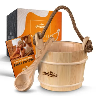 Productafbeelding van Saunaemmer met opgietlepel - 100% natuurlijk hout - Infusie-emmerset - Met saunaboekje