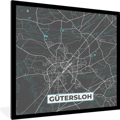 Produktbild von MuchoWow® Gerahmtes Poster Stadtplan - Karte - Gütersloh - Blau - Deutschland - Karte 40x40 cm - Poster mit Schwarzem Bilderrahmen Wandposter Rahmen Foto Bilder - Mit Rahmen - Wanddekoration Schlafzimmer