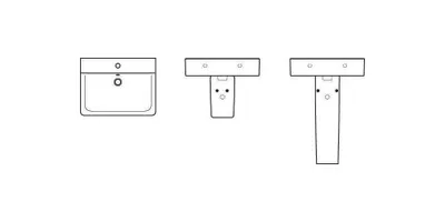 Three line drawings of bathroom fixtures on a white background.