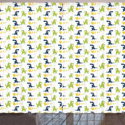 Produktbild von ARANDE Dinosaurier-Party Gardine, Glücklicher Karikatur-Dino-Reptil mit Rrrr-Text auf weißem Kindergarten scherzt Muster, 280 x 175 cm, Mehrfarbig