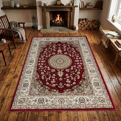 Produktbild von Teppich Rot Creme mit Medaillon Design und klar gezeichneter Bordüre Größe - 80 x 150 cm