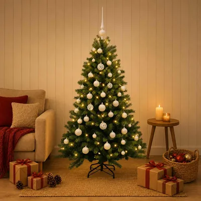 Zdjęcie produktu dla Sztuczne drzewko świąteczne z ozdobami, wysokość 150 cm, 150 diod LED