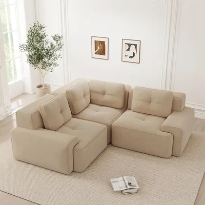 Produktbild von MODFU Ecksofa Modulares Sofa,Dreisitzer mit rutschfeste Standfüße,Cordstoff,L-förmiges Sofa mit breiten Armlehnen,Beige
