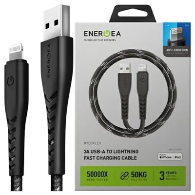 Productafbeelding van KABEL ENERGEA NYLOFLEX USB - LIGHTNING, opladen en synchroniseren, C89, MFI, 1,5 meter, zwart/zwart