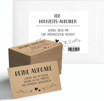 A stack of kraft paper cards with wedding-themed tasks, with a white framed card in the background displaying product information.