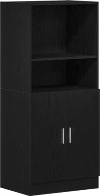 A black wooden cabinet with two doors and two shelves.