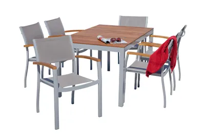 A dining set with a table and chairs, set against a white background.