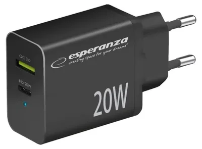 Obrázek produktu pro Rychlonabíječka Esperanza 20W USB-C Pd 20W / Usb-A Qc 3.0 18W černá