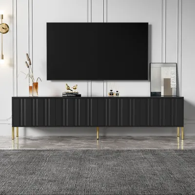 Produktbild von Merax Lowboard mit goldenen Beinen und gerilltem Tür, TV-Schrank mit Trennwänden, Fernsehtisch – Stauraum für Elektronik, Schwarz