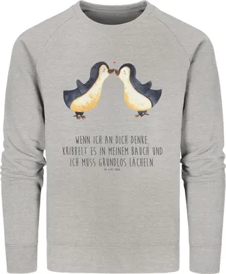 Produktbild von Mr. & Mrs. Panda Bio Baumwoll Pullover Pinguine Kuss Größe XS - Heather Grey - Geschenk, Pulli, für Frauen, Hochzeitstag, Sweater, Mitbringsel, Rundhals Sweatshirt
