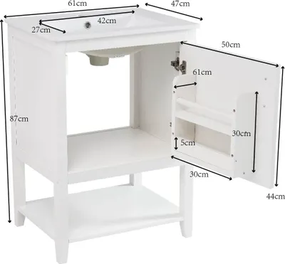 A white bathroom vanity with a sink and an open cabinet door, showing dimensions.