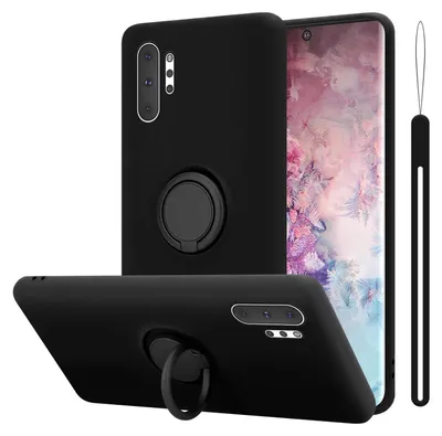 A black phone case with a ring holder is shown from multiple angles, with a phone screen visible in the background.