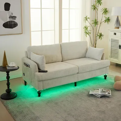 Produktbild von STILVORA Zweisitzer Sofa mit LED-Beleuchtung und USB Ladeanschluss,Modernes Sofa mit Aufbewahrungstasche und Holzbeinen,Doppelsofa aus Chenillestoff,Beige