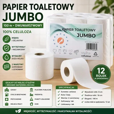 Produktbild von Papier-Toilettenpapier JUMBO CPC SYSTEM, 2-lagig, weiß, extra lang – 12 Rollen à 100m für langanhaltenden Komfort