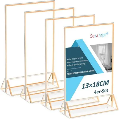 Zdjęcie produktu dla Pionowe akrylowe stojaki na karty, złote, 13 x 18 cm, zestaw 4 sztuk