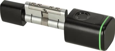 A smart door lock cylinder with a fingerprint scanner.