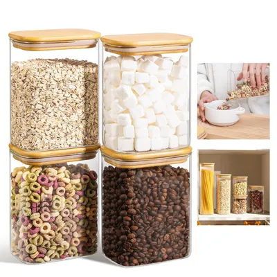 A collage of images showing glass storage jars filled with various food items, a person pouring cereal, and a shelf with more jars.