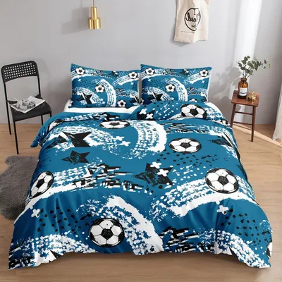 Productafbeelding van Voetbalbeddengoedset, 155x220 cm, 2 kussenslopen van 80x80 cm, blauw, graffiti-print, kinderdesign