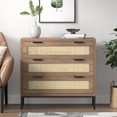 Image de Solidchoice - Commode avec 3 tiroirs et finition en rotin, idéale pour le rangement