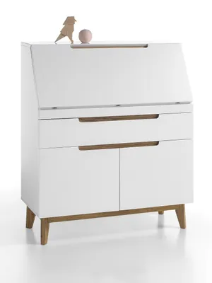 Produktbild von Sekretär Schreibtisch Schrank weiß matt MDF Asteiche furniert Massiv Klappe 97