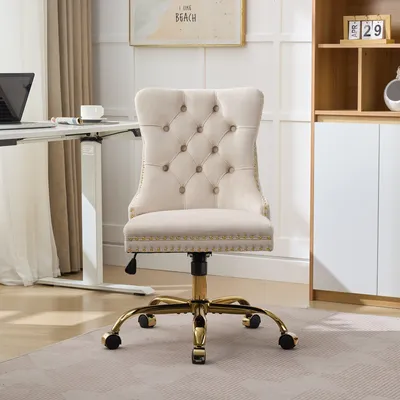 Produktbild von Clinvia Home Office-Stuhl, drehbarer Bürostuhl mit Samtbezug und Knopfverzierung, goldfarbenes Metallgestell, verstellbarer Bürostuhl, cremefarben