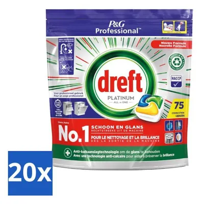 Produktbild von Dreft Professional Platinum All-In-One Spülmaschinenkapseln – Zitrone – Anti-Kalk – 75 Kapseln - Vorteilspack - 20 Stücke